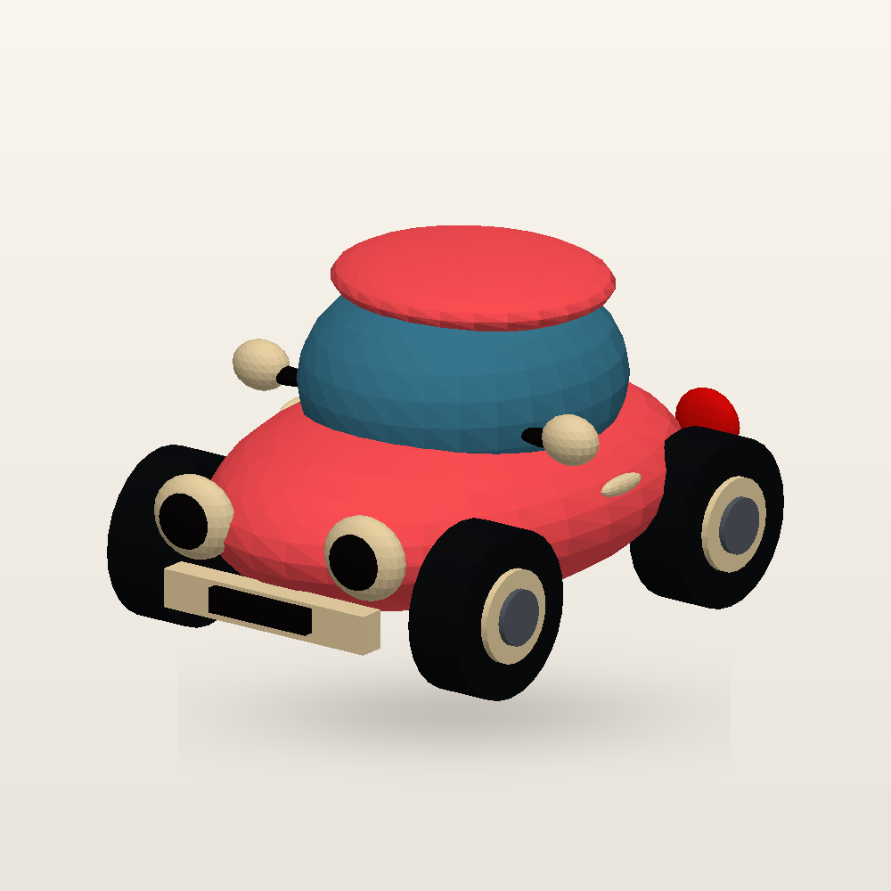 A cheerful red toy-like car with a blue roof