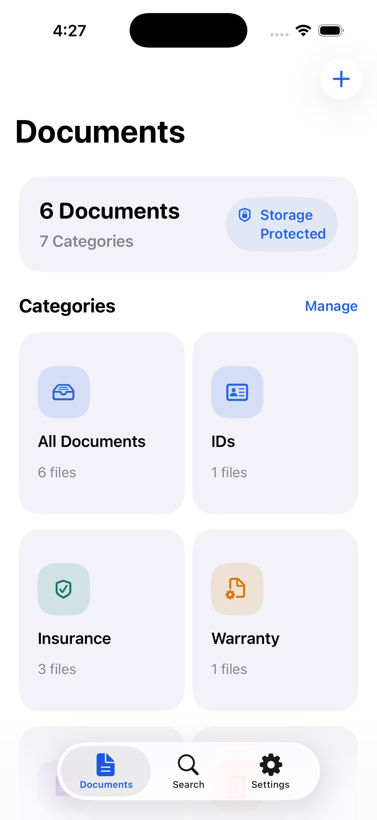 Filestead document categories screen