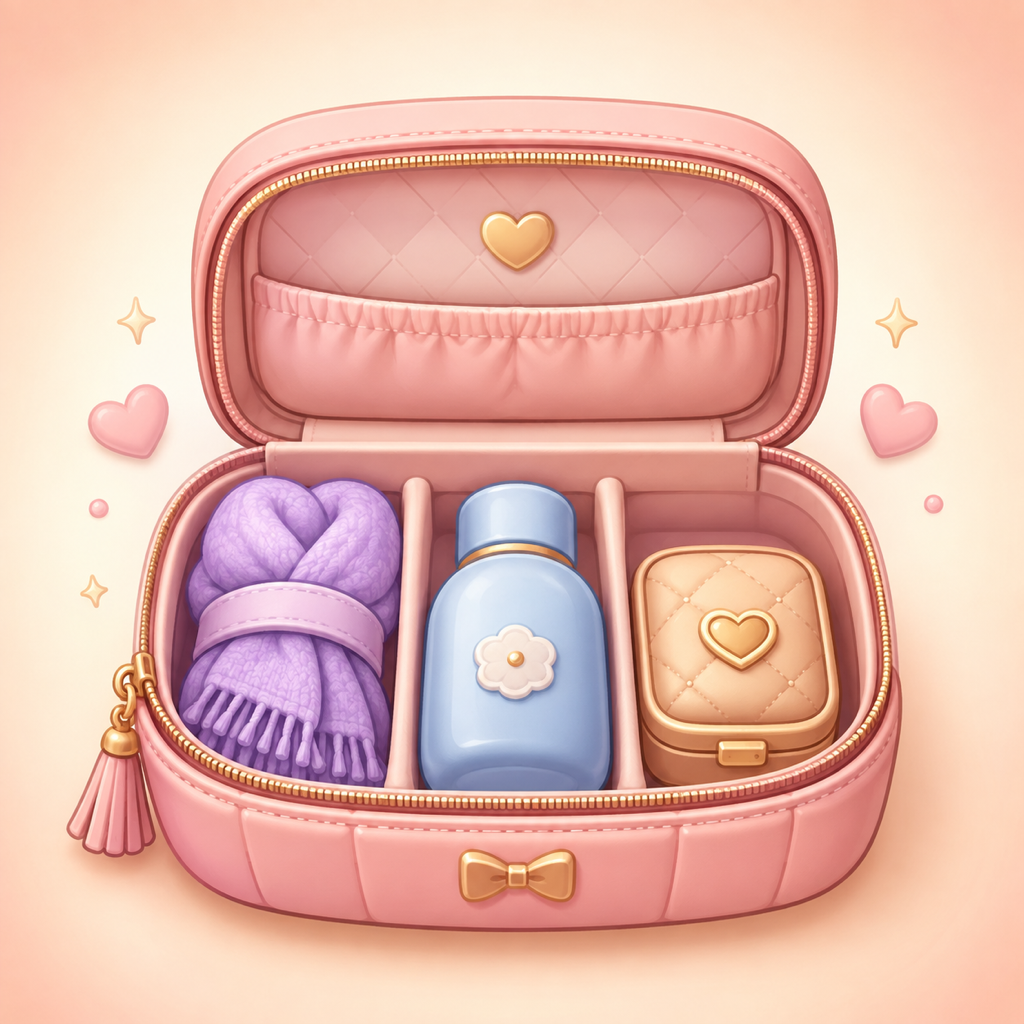 An open pink travel case packed neatly with a scarf, bottle, and small pouch