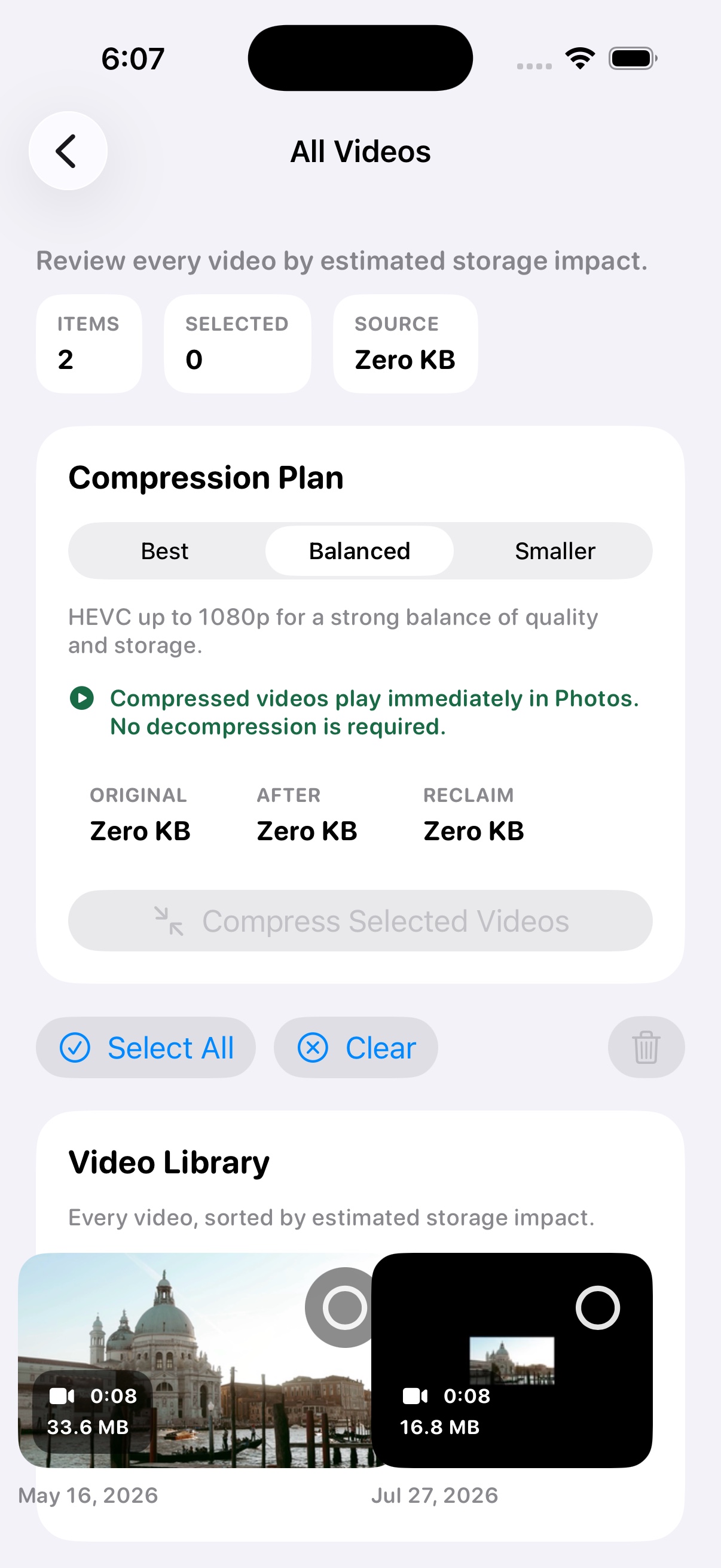 Storalyse video selection and compression quality plans